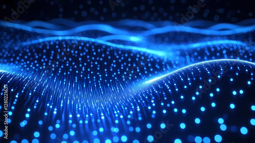 Abstract Image of Deep Blue Waves with Glowing Dots