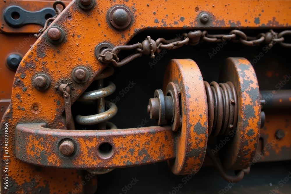 Rusty orange farm equipment springs & chains, weathered texture, industrial, farm equipment, weathered Rusty orange farm equipment springs & chains, weathered texture, industrial, farm equipment, weathered