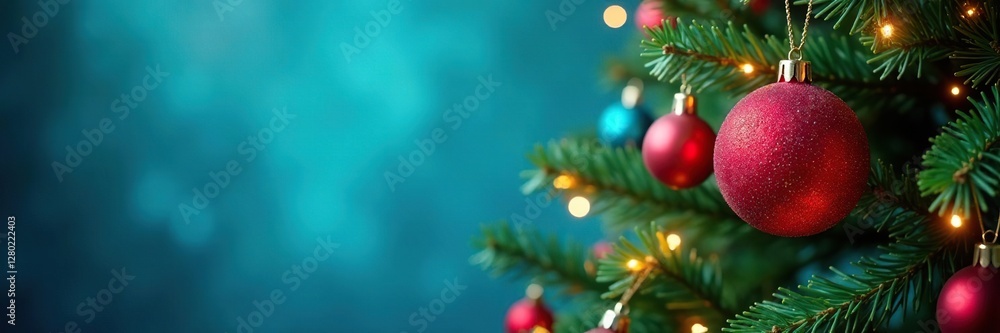 Fototapeta premium A colorful Christmas tree with balls and lights against a serene blue background, colored ornaments, christmas tree, ball