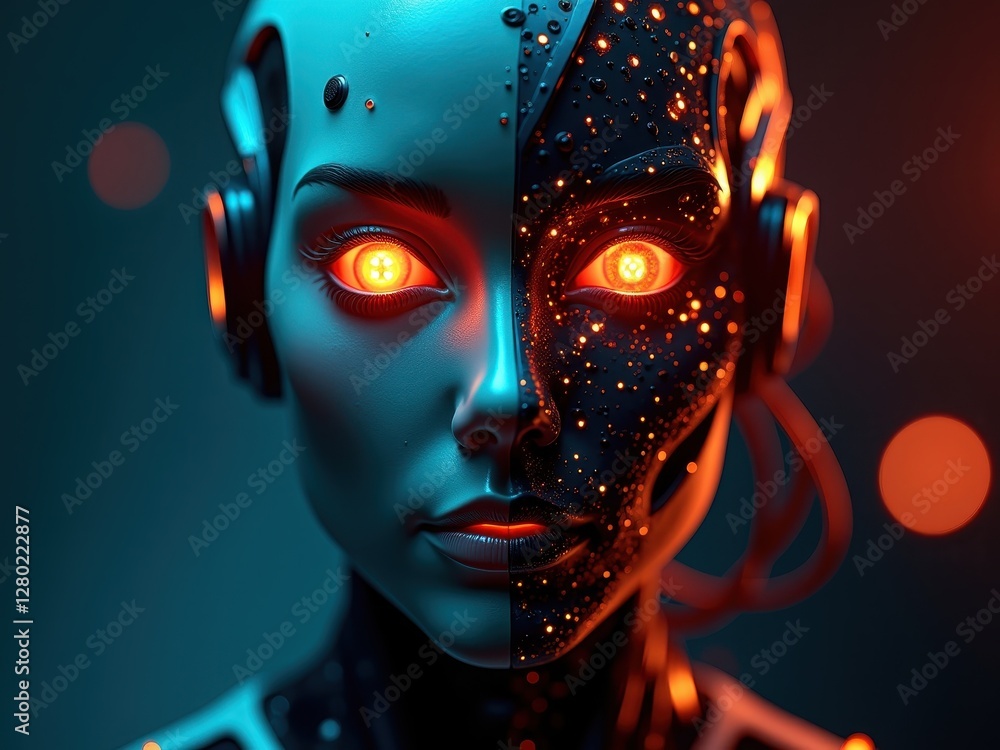 Exploring the concept of ethics in artificial intelligence through a futuristic humanoid representation with glowing features Exploring the concept of ethics in artificial intelligence through a futuristic humanoid representation with glowing features