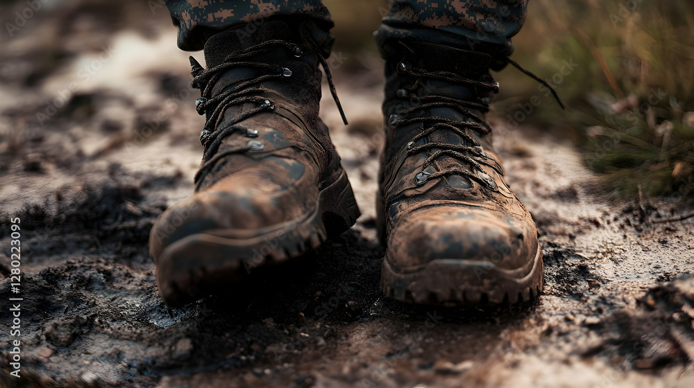 Rugged Army boots dirty. Shoe hiking pair. Generate Ai Rugged Army boots dirty. Shoe hiking pair. Generate Ai