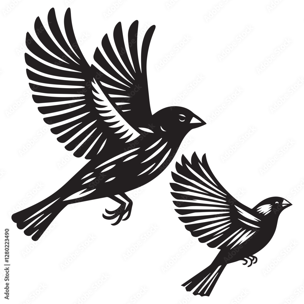Obraz premium A minimalist, beautiful linocut illustration of a flying Grosbeak bird in silhouette. This black vector artwork captures the elegant form and graceful movement of the bird.