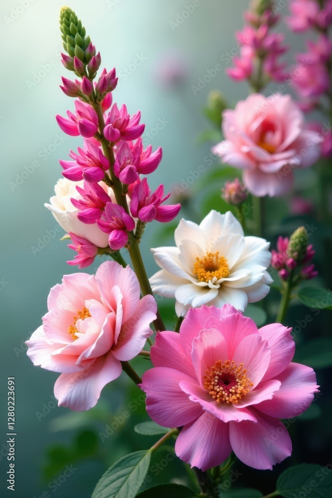 Pink & white Verbascum, summer roses & salvia bloom, salvia, colorful Pink & white Verbascum, summer roses & salvia bloom, salvia, colorful