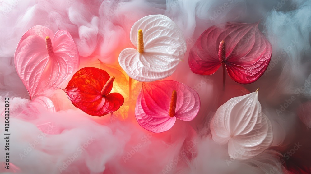 Colorful anthurium flowers in shades of red, pink, and white, delicately arranged in the center of a smoky scene. Colorful anthurium flowers in shades of red, pink, and white, delicately arranged in the center of a smoky scene.