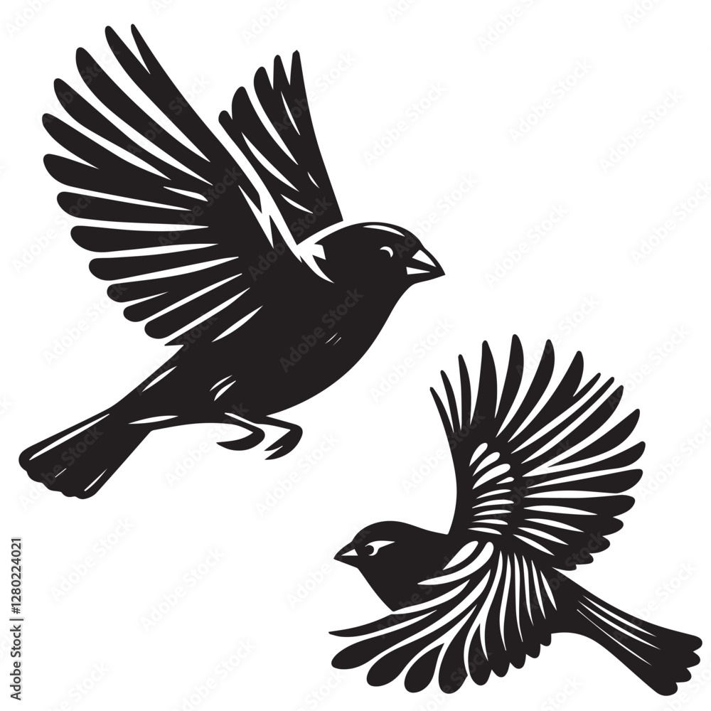 Obraz premium A minimalist, beautiful linocut illustration of a flying Grosbeak bird in silhouette. This black vector artwork captures the elegant form and graceful movement of the bird.
