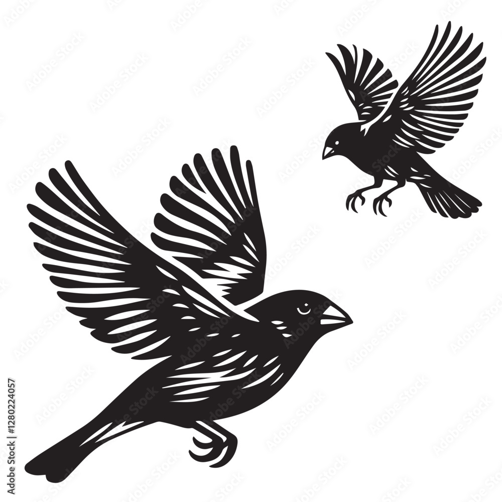 Obraz premium A minimalist, beautiful linocut illustration of a flying Grosbeak bird in silhouette. This black vector artwork captures the elegant form and graceful movement of the bird.