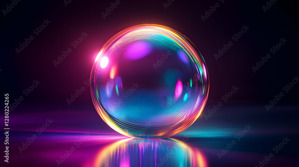 Neon Sphere Reflects Vibrant Light, Shimmering and Glowing Brightly on Dark Surface Neon Sphere Reflects Vibrant Light, Shimmering and Glowing Brightly on Dark Surface