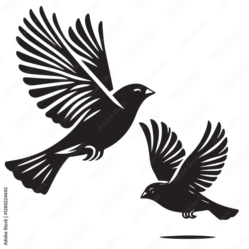 Fototapeta premium A minimalist, beautiful linocut illustration of a flying Grosbeak bird in silhouette. This black vector artwork captures the elegant form and graceful movement of the bird.