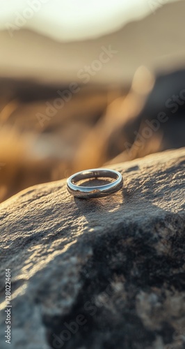 Silver ring on rock, mountain sunrise backdrop photo