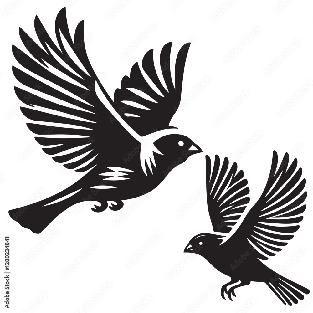 Obraz premium A minimalist, beautiful linocut illustration of a flying Grosbeak bird in silhouette. This black vector artwork captures the elegant form and graceful movement of the bird.