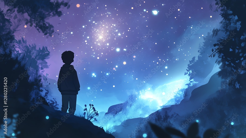 Child Gazing at a Starry Night Sky Amidst Serene Nature in Calm Twilight