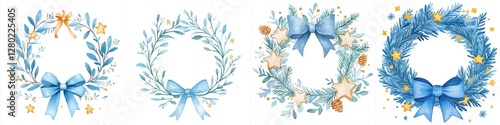 Festive Watercolor Wreaths Holiday Season Decorative Illustrations Starry Bows and Winter Foliage