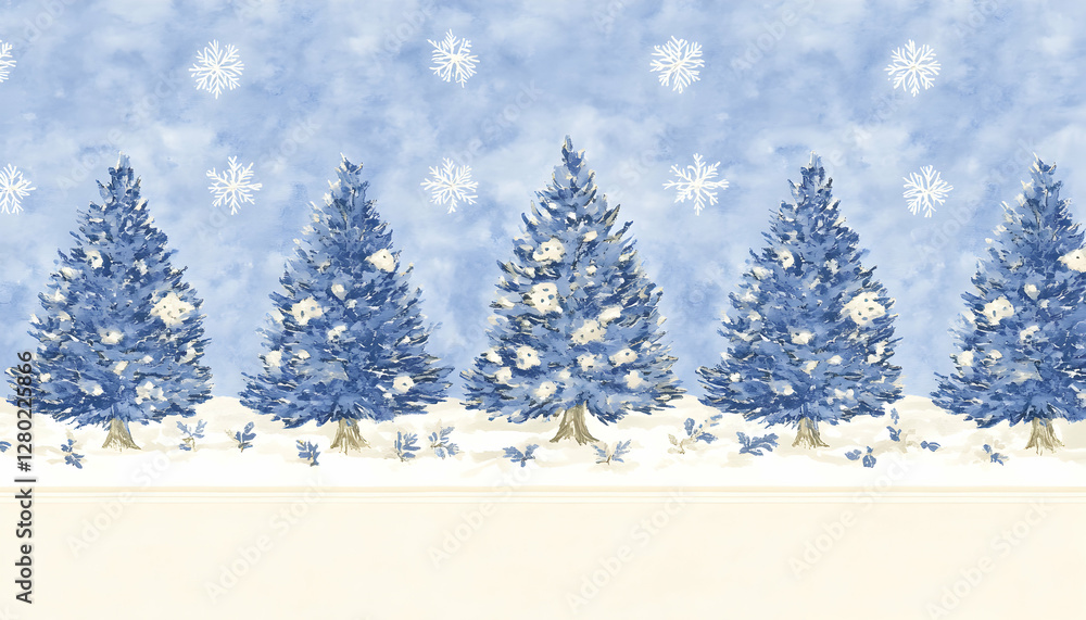 Fototapeta premium Serene winter scene featuring five snow-dusted blue Christmas trees against a soft blue sky with snowflakes. Perfect for holiday cards or winter-themed designs.