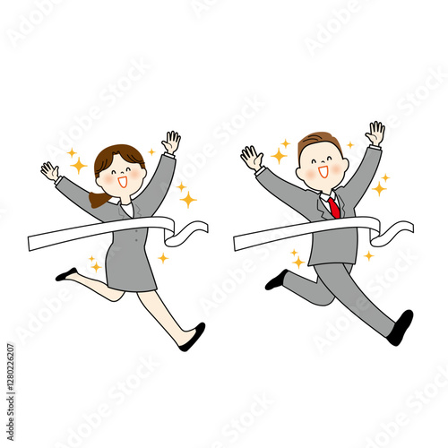 ゴールテープを切るスーツの男女