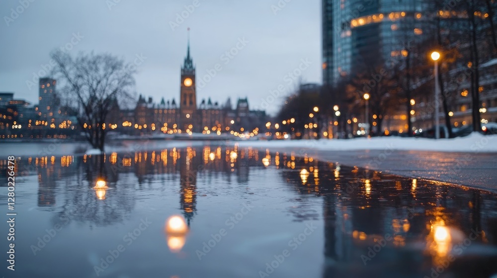 Fototapeta premium Winter evening city reflection on flooded street. Possible stock photo use