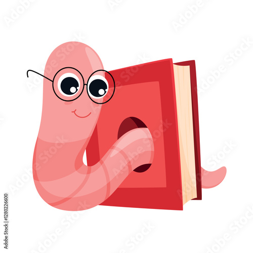 Cartoon bookworm reading a book on a white background with a joyful expression and round glasses