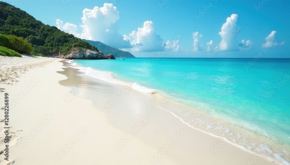 Fine white sand slopes to a tranquil azure ocean, soft waves lapping , beautiful, foam Fine white sand slopes to a tranquil azure ocean, soft waves lapping , beautiful, foam