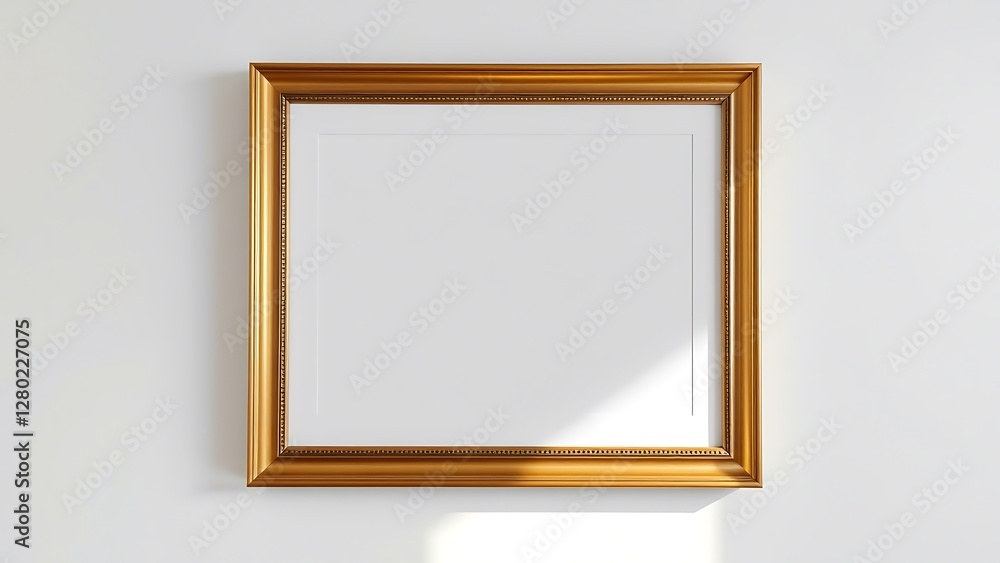 Empty picture frame with gold accents on a white wall, perfect for customizable art or photo display in modern interiors. Empty picture frame with gold accents on a white wall, perfect for customizable art or photo display in modern interiors.