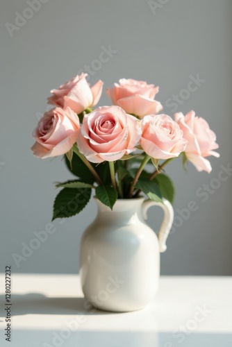 Wallpaper Mural A bouquet of delicate pink roses, elegantly arranged in a simple white vase, bathed in soft sunlight, creating a serene and romantic atmosphere. Torontodigital.ca