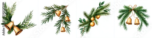 Festive Holiday Sprigs with Golden Jingle Bells Corner Elements for Graphic Resource Decoration