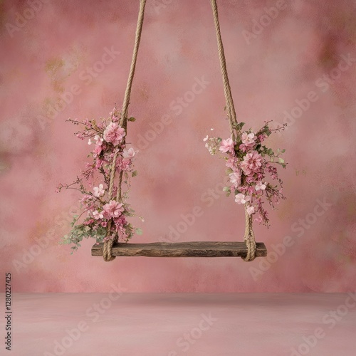 Enchanting Newborn Swing with Pink Blossoms in Magical Lighting - High-Resolution PNG Digital Backdrop for Fine Art and Photoshop
