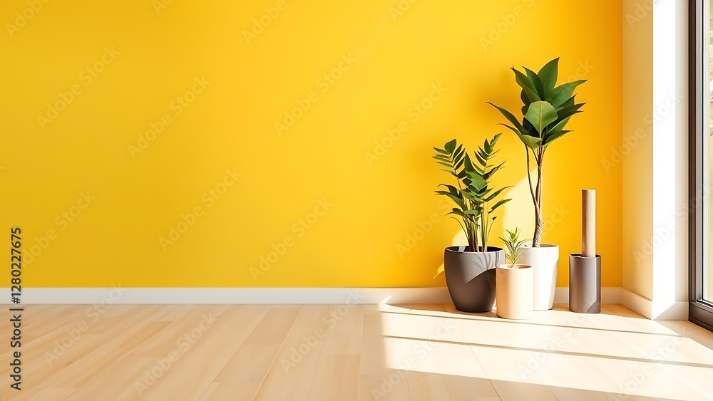 Minimalistic yellow accent wall with indoor plants and stylish pots, perfect for a fresh and vibrant decor element. Minimalistic yellow accent wall with indoor plants and stylish pots, perfect for a fresh and vibrant decor element.
