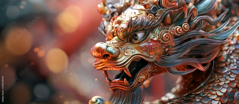 Close-up of an ornate, metallic dragon statue. Close-up of an ornate, metallic dragon statue.