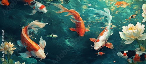 Koi pond art colorful fish swim amidst lotuses