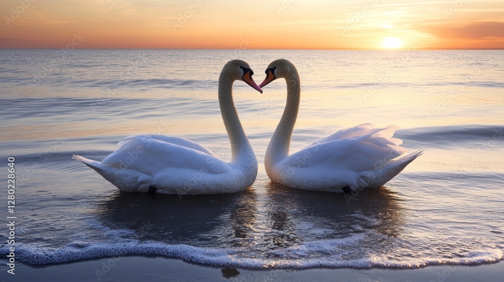 Fototapeta premium Romantic Swans at Sunset: A Serene Coastal Scene