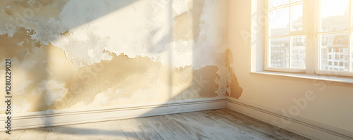 Water damage causing peeling paint and mold growth in a room near a window illustrating home maintenance issues