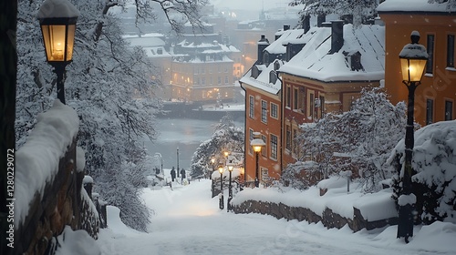 Snowy Stockholm street at night