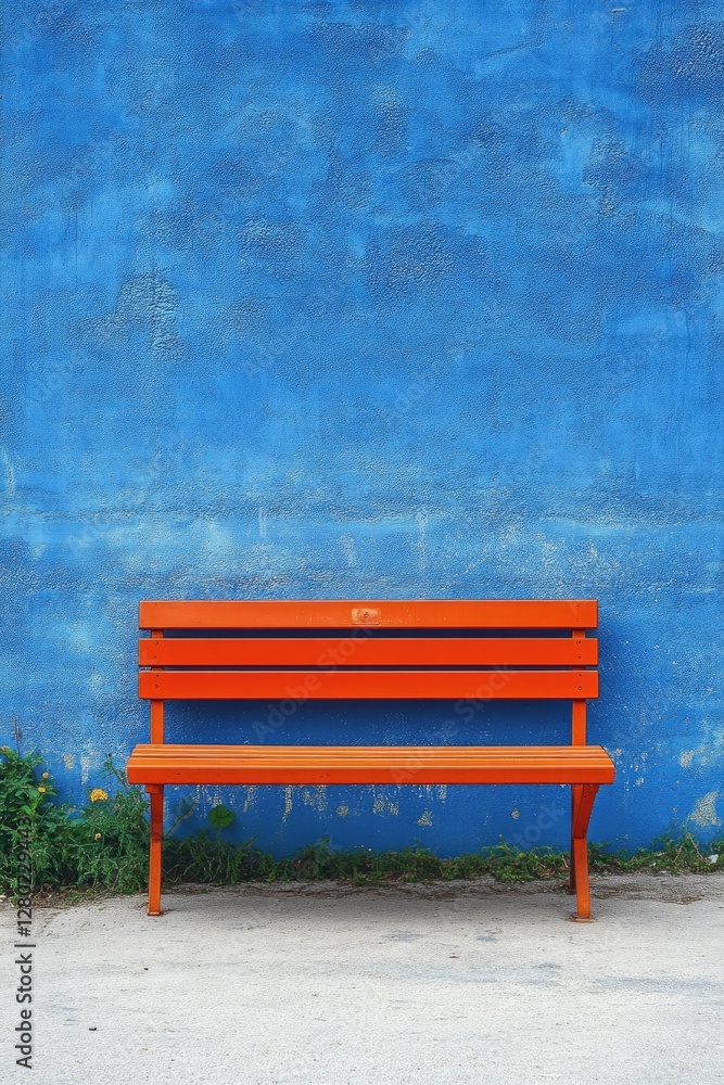 Empty orange bench against vibrant blue wall Empty orange bench against vibrant blue wall