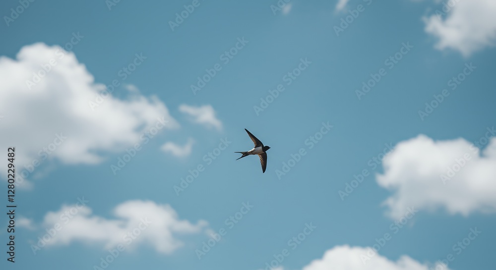Swallow Flying in a Bright Blue Sky with White Clouds Swallow Flying in a Bright Blue Sky with White Clouds