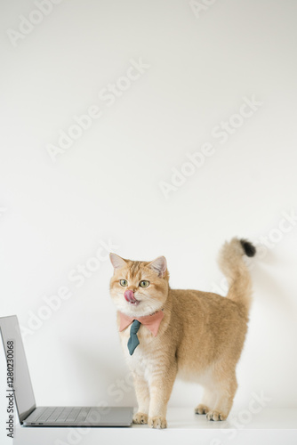 business concept with gold brittish cat costume with necktie and use laptop photo