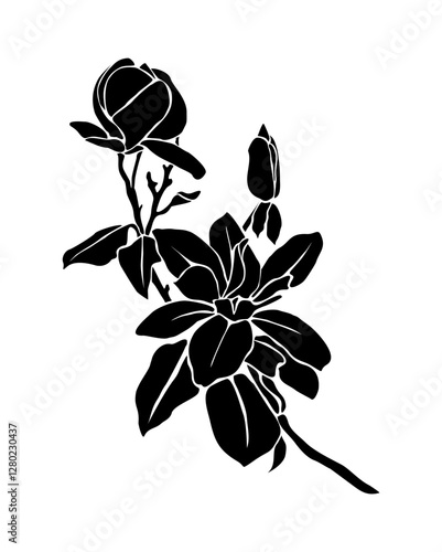 Black silhouette of decorative fresh blossoming magnolia branch with leaves and flowers. Hand drawn outline flower icon. Vector monochrome illustration isolated 