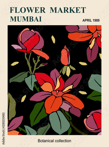 Abstract Flower Market Mumbai poster. Trendy botanical wall art with magnolia flowers in bright colors on dark background. Modern naive groovy funky interior decoration, painting. Vector illustration.