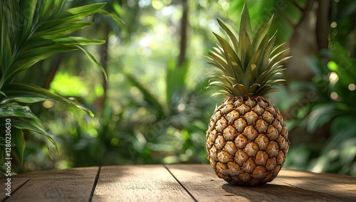 Pineapple on wooden table in tropical jungle photo