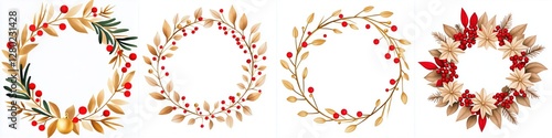 Holiday Wreath Set Red Berries Golden Leaves for Festive Decoration Celebration Season Design photo