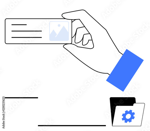 Hand grips a digital card with image placeholder and lines, folder nearby with gear. Ideal for business processes, organization, data management, technology integration, file storage, workflow