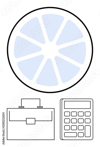 Circular chart with spoke segments, outlined briefcase, and calculator. Ideal for business strategy, planning, finance, analytics, productivity teamwork entrepreneurship. Abstract line flat