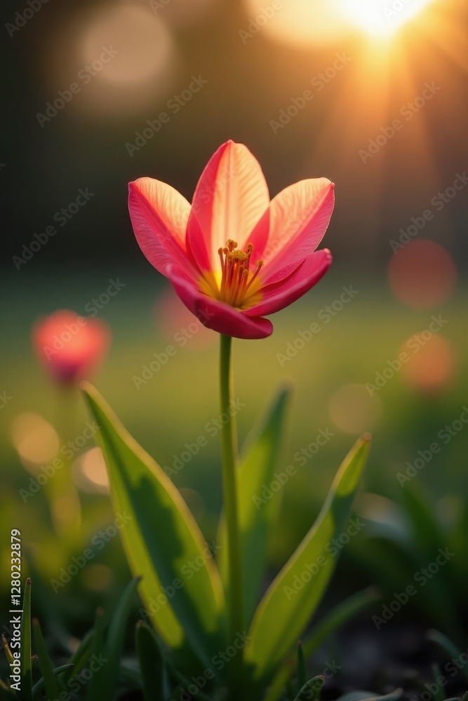 Fototapeta premium Sunlight illuminates a single spring flower being carefully picked , detail, pretty