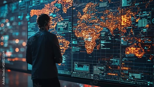 Analyst reviewing global data visualization in a command center