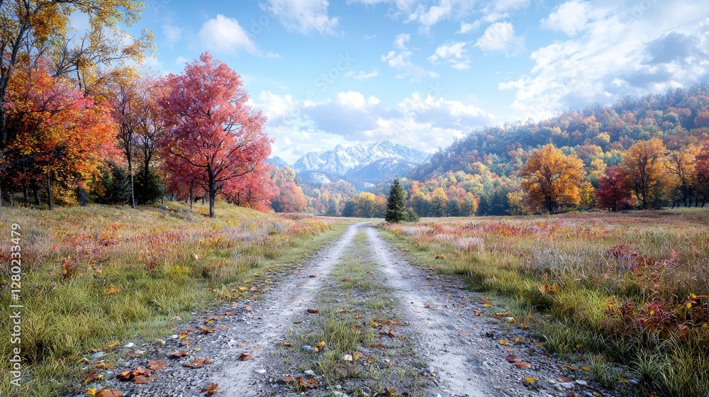 Autumnal road leads to mountain vista Autumnal road leads to mountain vista
