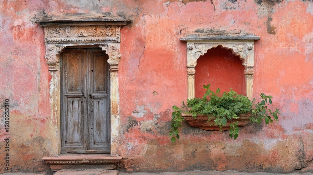 Ancient Indian Architecture: A Rustic Door and Window Niche in Coral-Colored Wall