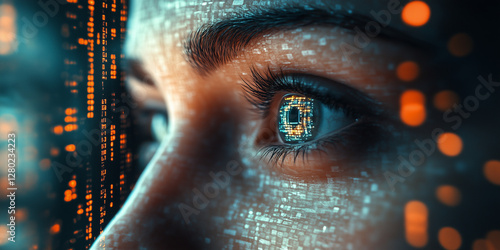Close-up of a woman's profile with digital data overlay on her face. Futuristic, technology, and AI concepts merging human and digital elements.