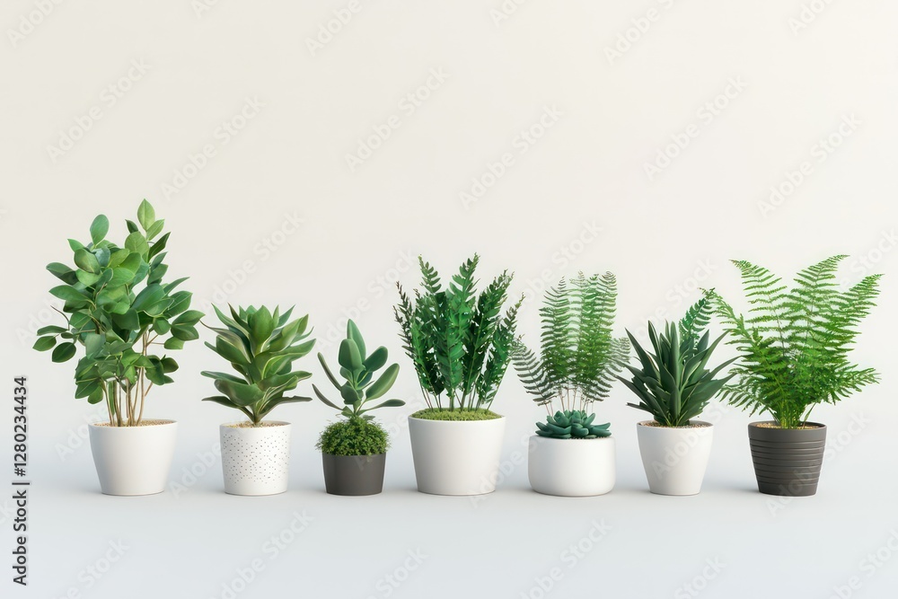 Fototapeta premium A perfectly balanced set of potted succulents and ferns, minimalist white background, high-resolution 3D illustration, subtle highlights