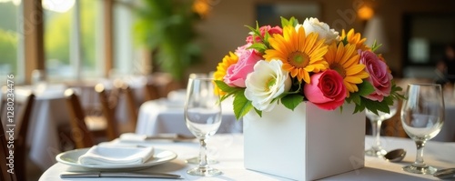Summer blooms in a pristine white hatbox, restaurant table setting , table, event, celebration