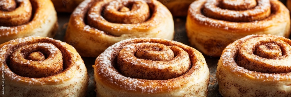 Freshly baked cinnamon rolls with sugar topping in a warm bakery setting Freshly baked cinnamon rolls with sugar topping in a warm bakery setting