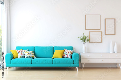 modern living room large window white sideboard turquoise sofa