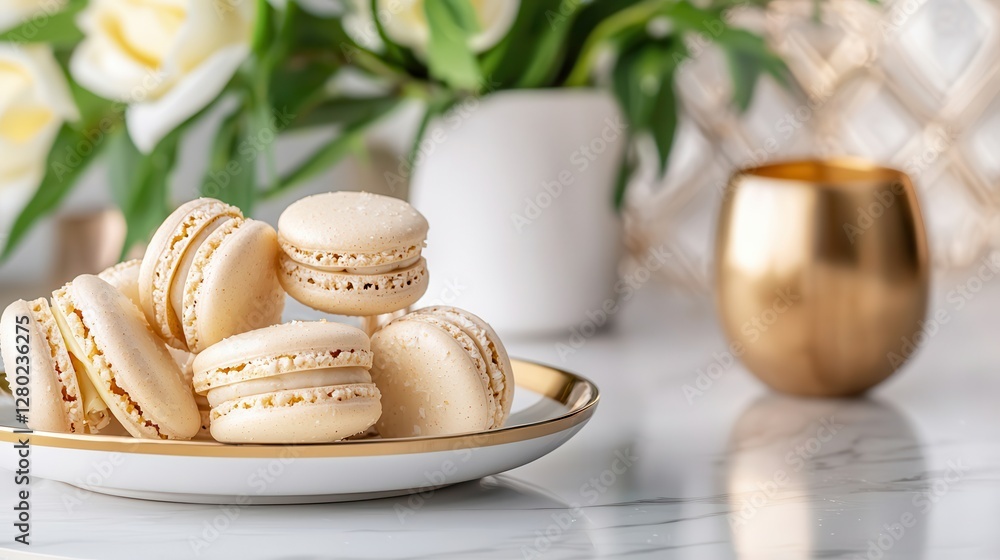 Organic coconut dessert delight. Delicate macarons on a plate with floral decor and a gold candle holder.